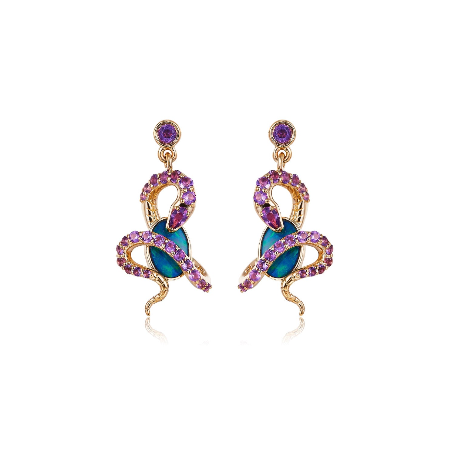 A pair of 18K gold dangle earrings featuring an intricate snake design wrapped around oval Australian opals, adorned with natural amethyst gemstones for a striking contrast. A round amethyst gemstone accents the stud, enhancing the luxurious appeal. The opals display vibrant blue-green hues, beautifully set in yellow gold. These statement earrings blend bold artistry with elegant sophistication, perfect for unique and luxurious styling.