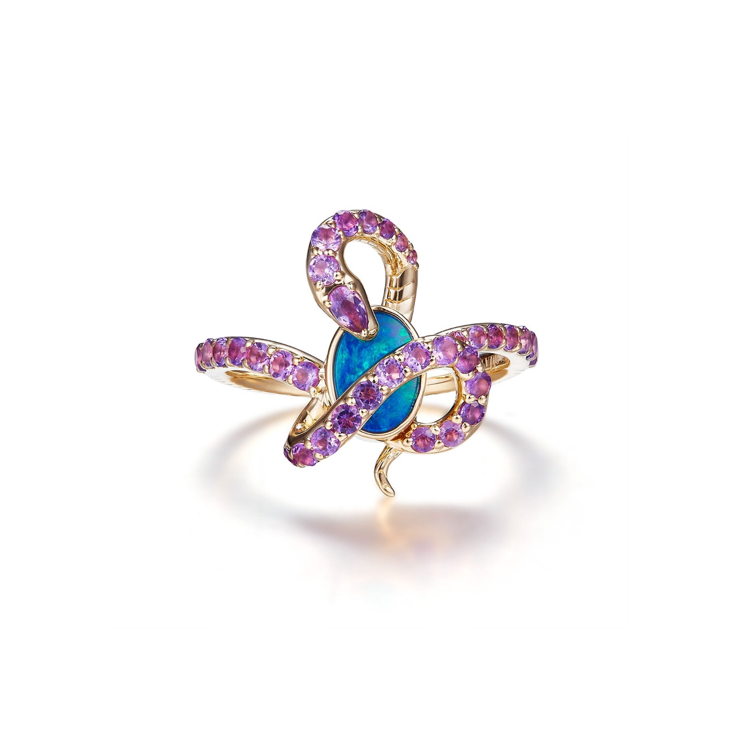 18K gold ring featuring an oval Australian opal with a snake design set in yellow gold, adorned with natural amethyst gemstones for a vibrant contrast.