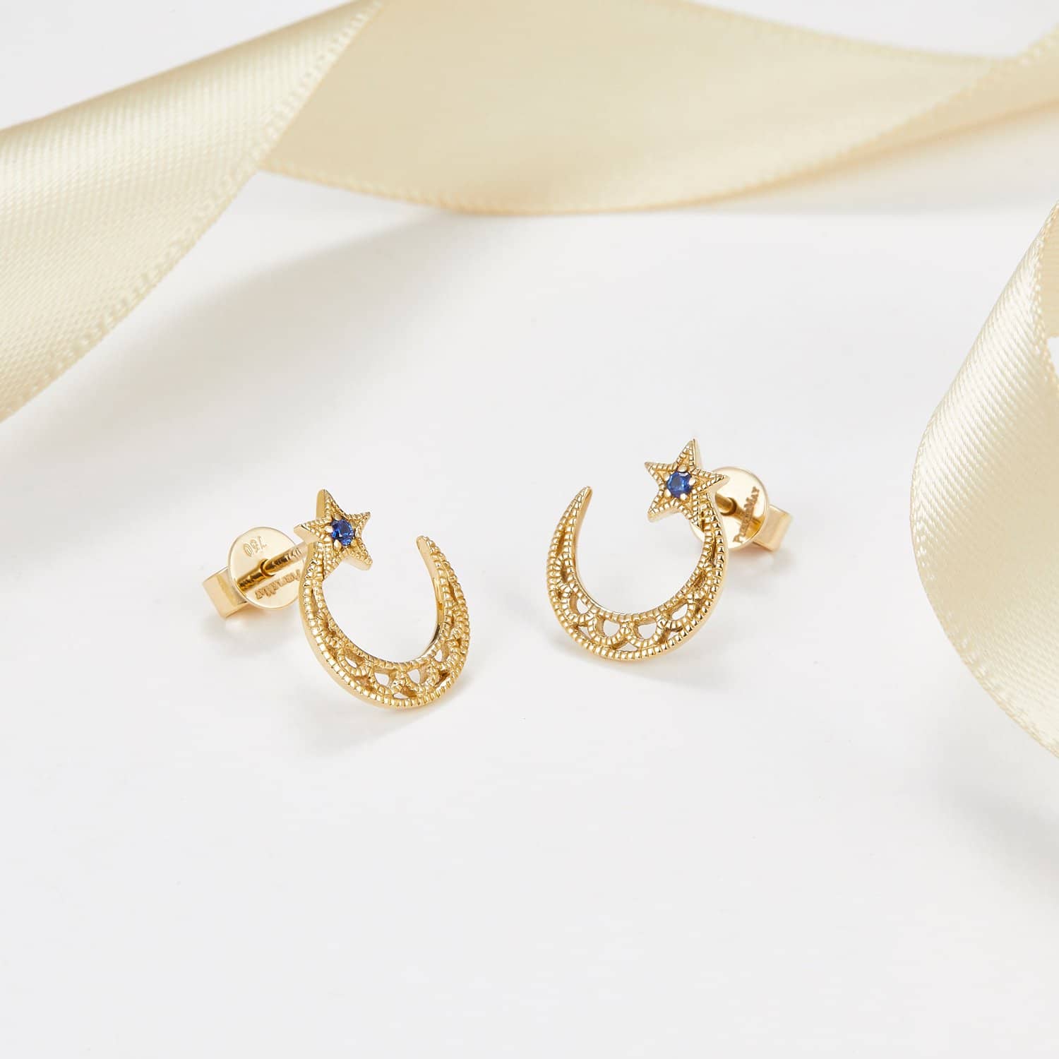 18K Solid Gold Sapphire Star and Moon Stud Earrings | Earrings Melbourne Australia