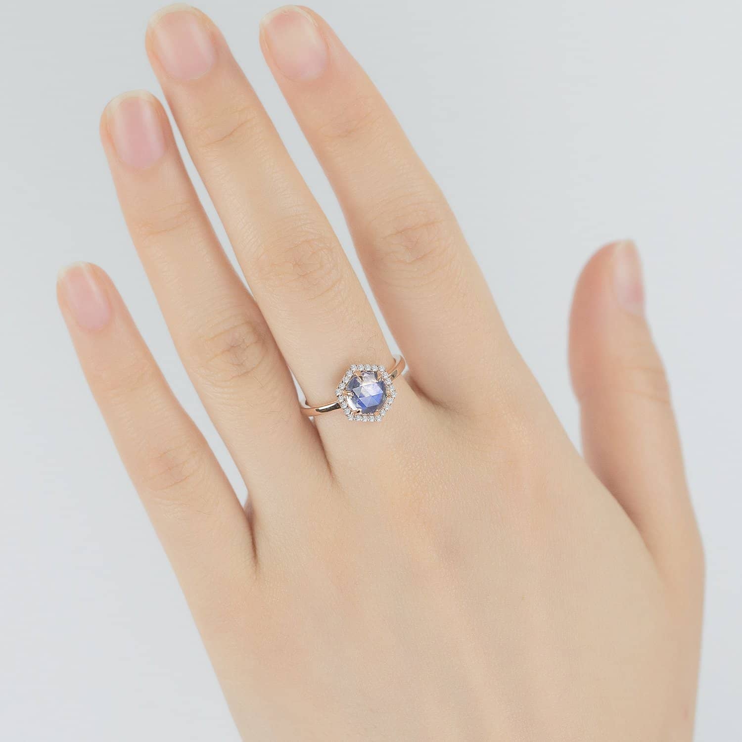 18k Solid Gold Hexagon Moonstone and Diamond Halo Engagement Ring - Melbourne, Australia