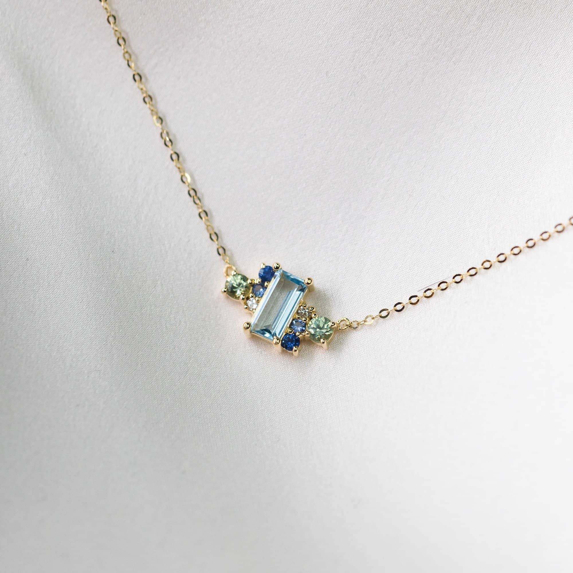 18k Solid Gold Ice Blue Topaz and Sapphires Cluster Necklace - Melbourne, Australia