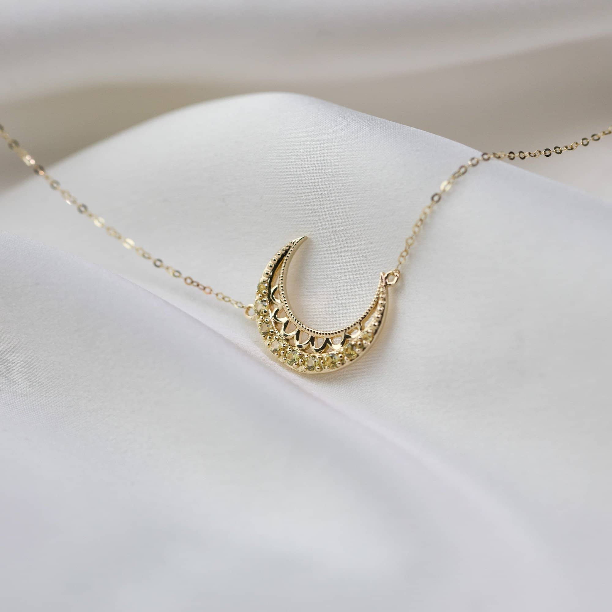 18k Solid Gold Crescent Moon Yellow Sapphire Necklace - Melbourne, Australia