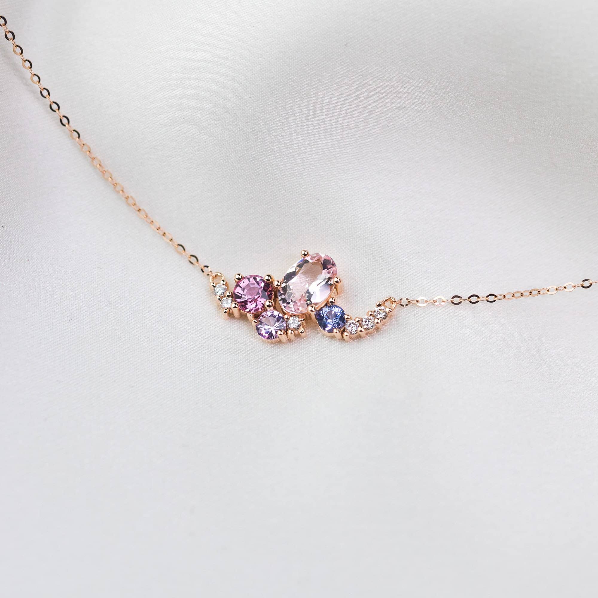 18k Solid Gold Baby Pink Sapphire and Diamond Cluster Necklace - Melbourne, Australia