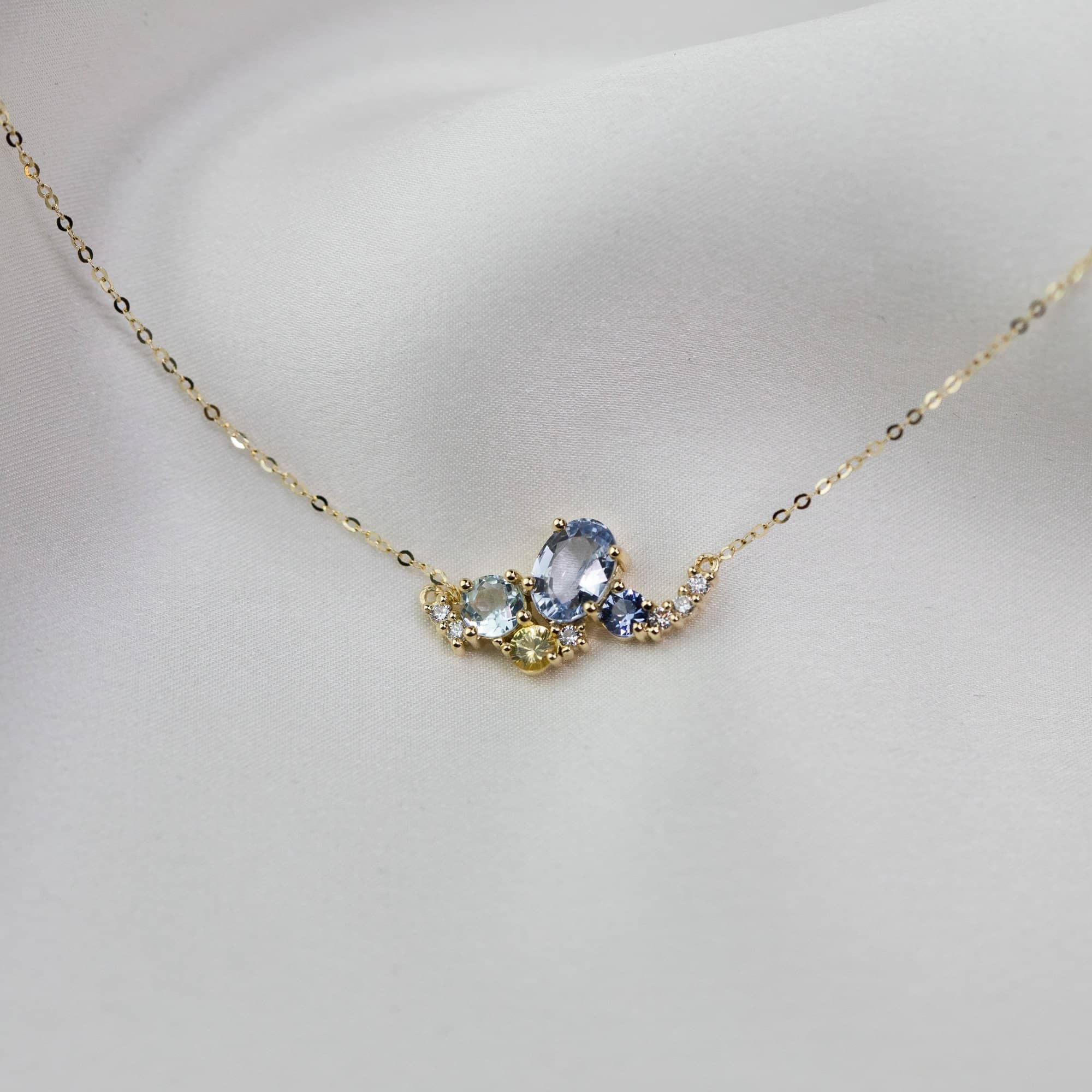 18k Solid Gold Sky Blue Sapphire and Diamond Cluster Necklace - Melbourne, Australia