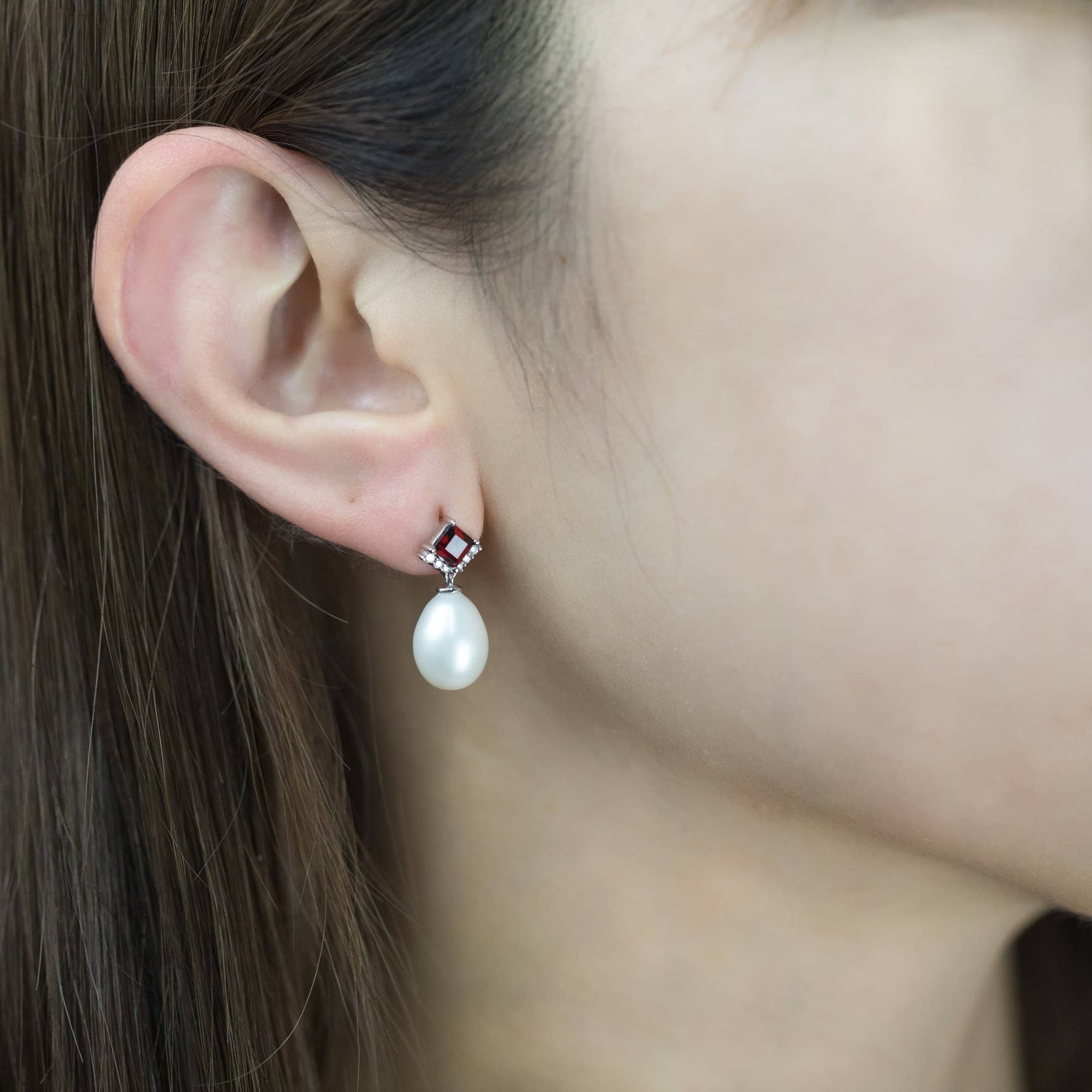 Garnet Stud Diamond Pearl Earrings - Melbourne, Australia