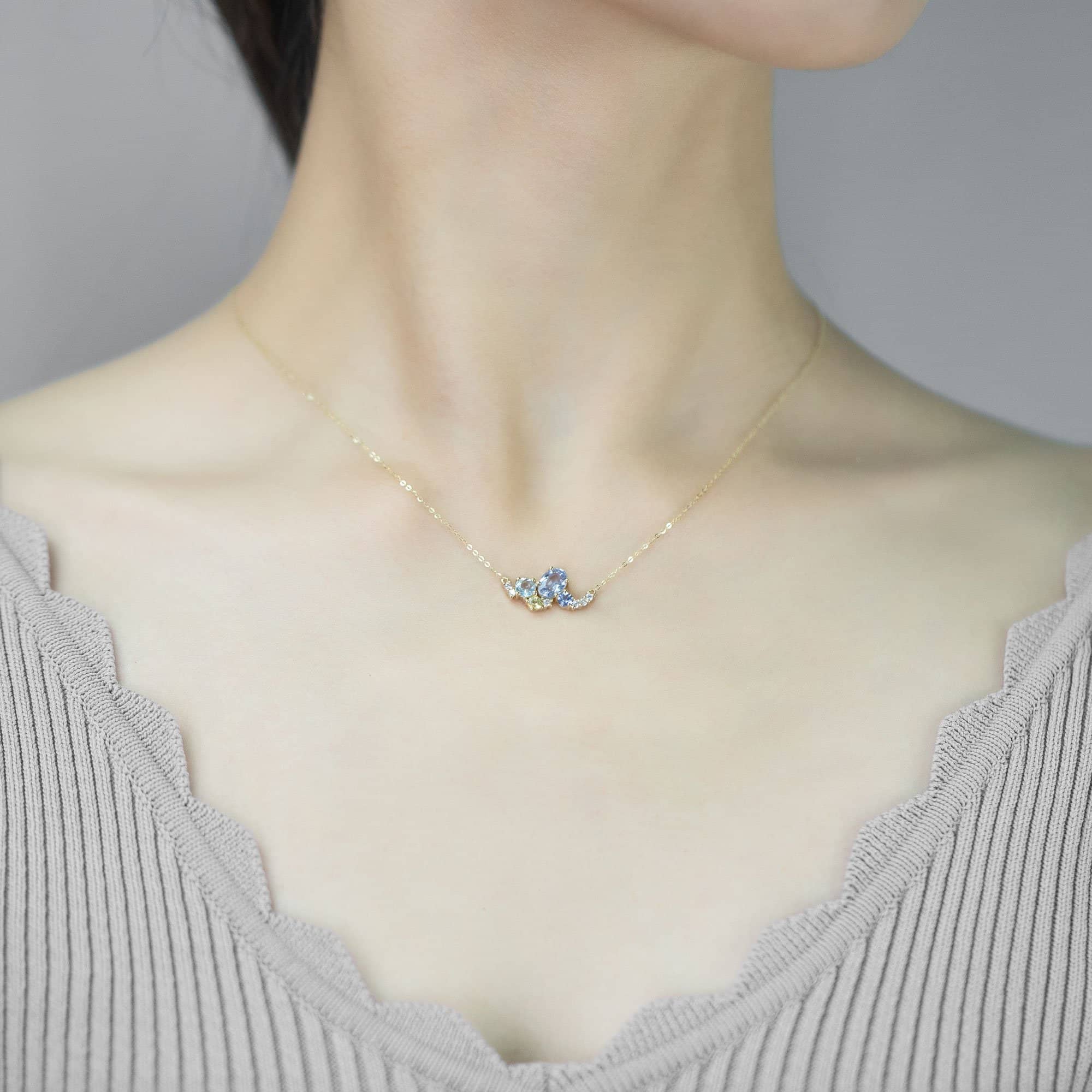 18k Solid Gold Sky Blue Sapphire and Diamond Cluster Necklace - Melbourne, Australia