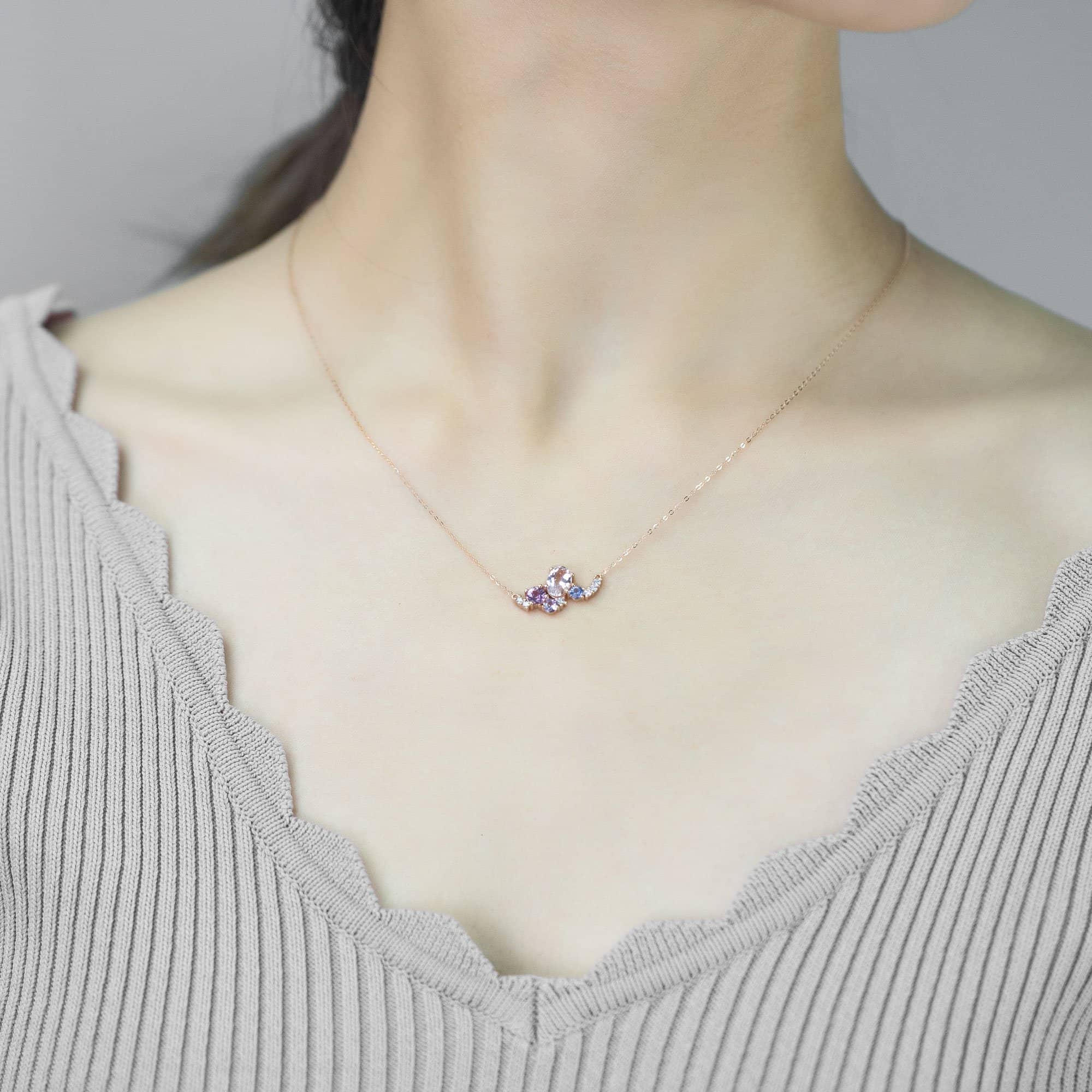 18k Solid Gold Baby Pink Sapphire and Diamond Cluster Necklace - Melbourne, Australia