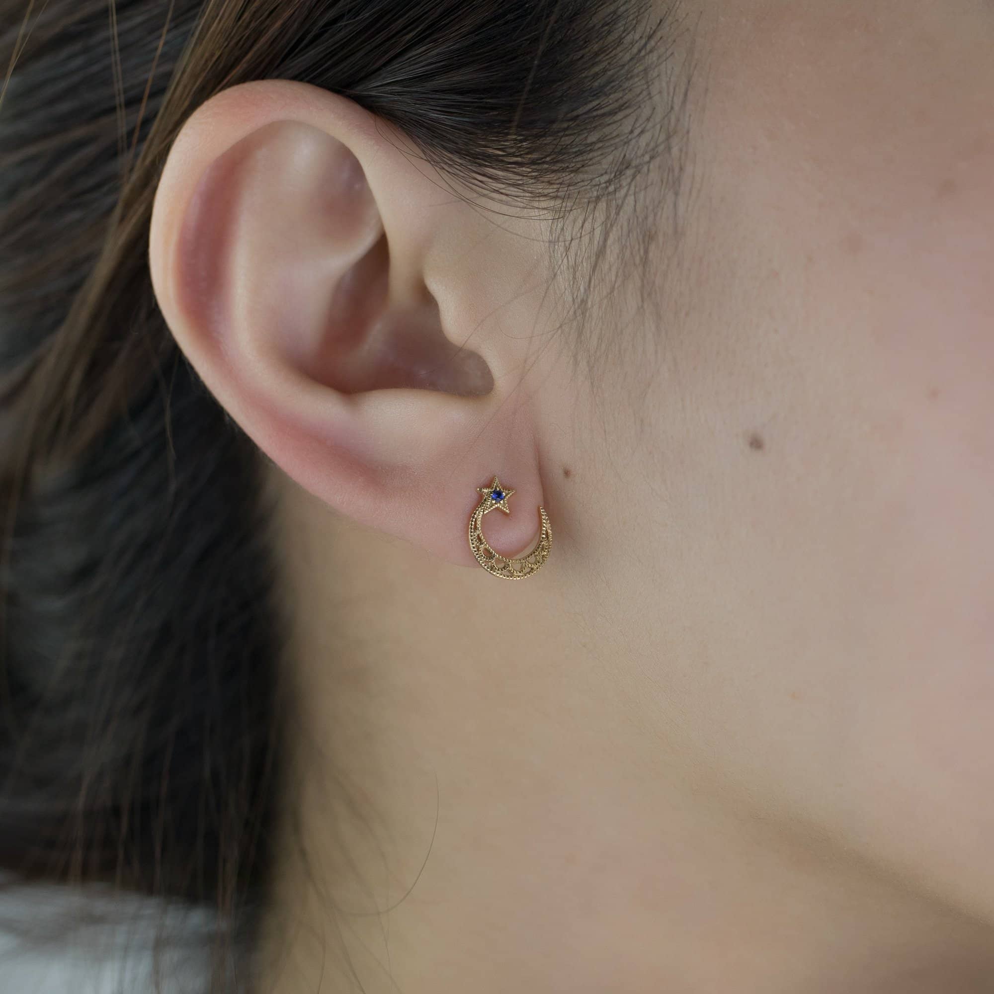 18K Solid Gold Sapphire Star and Moon Stud Earrings | Earrings Melbourne Australia