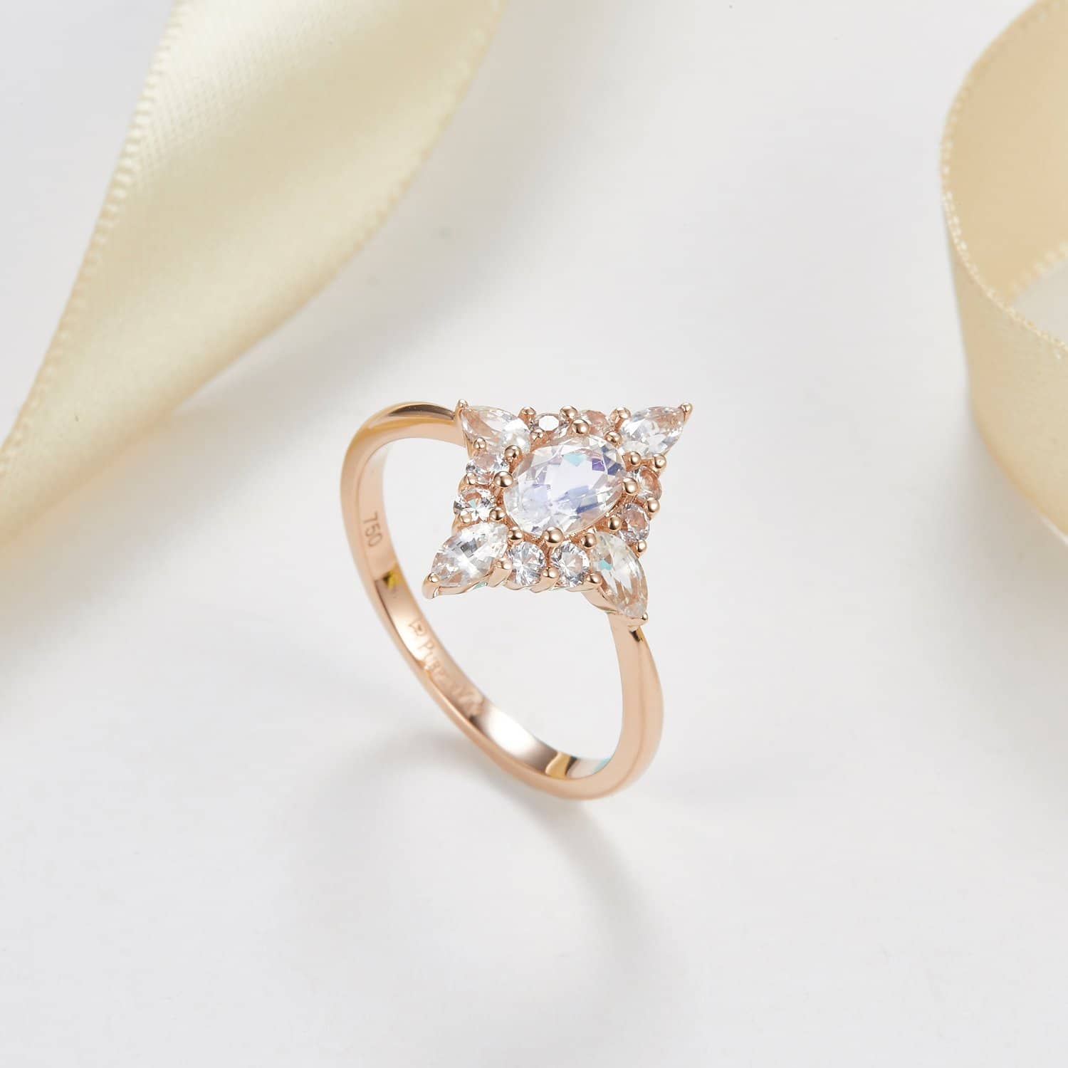 18k Solid Gold Moonstone and White Sapphire Cluster Engagement Ring - Melbourne, Australia