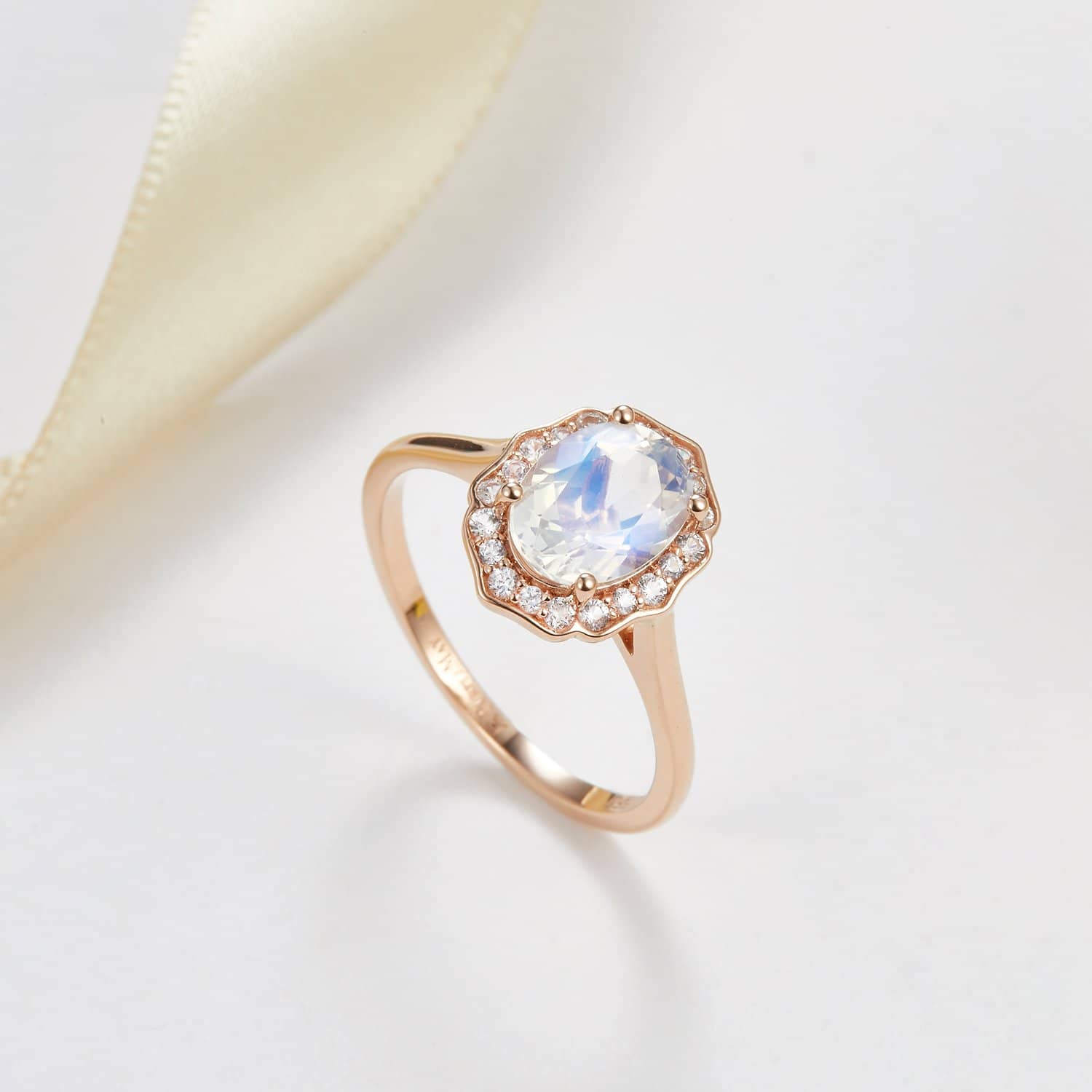 18k Solid Gold Floral Diamond Halo Moonstone Engagement Ring - Melbourne, Australia