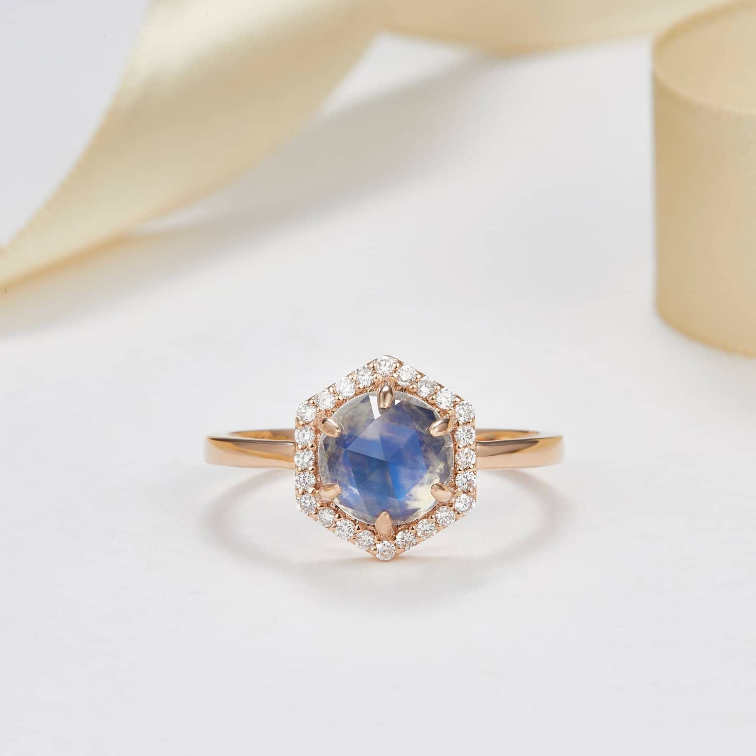 18k Solid Gold Hexagon Moonstone and Diamond Halo Engagement Ring - Melbourne, Australia