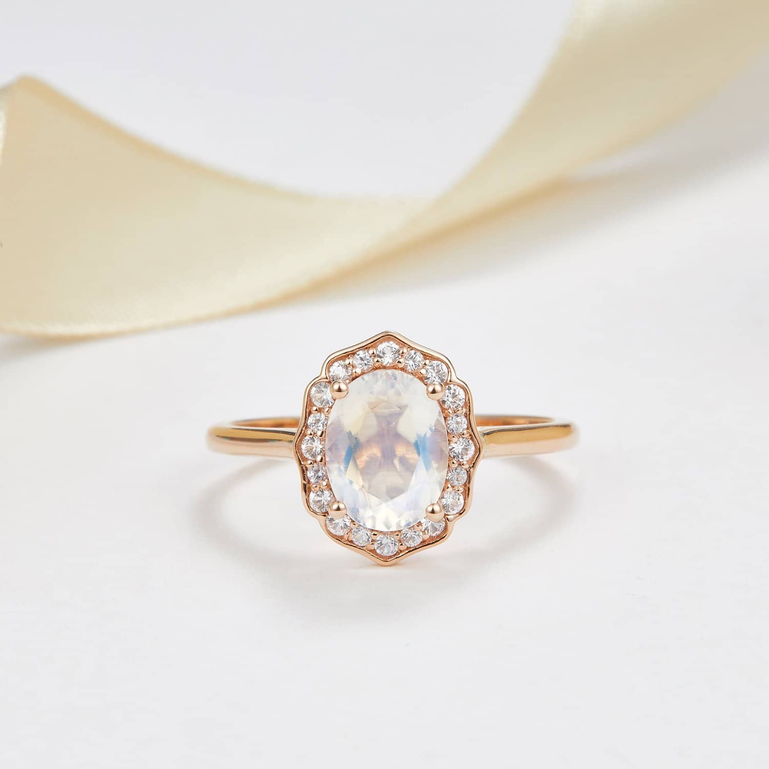 18k Solid Gold Floral Diamond Halo Moonstone Engagement Ring - Melbourne, Australia