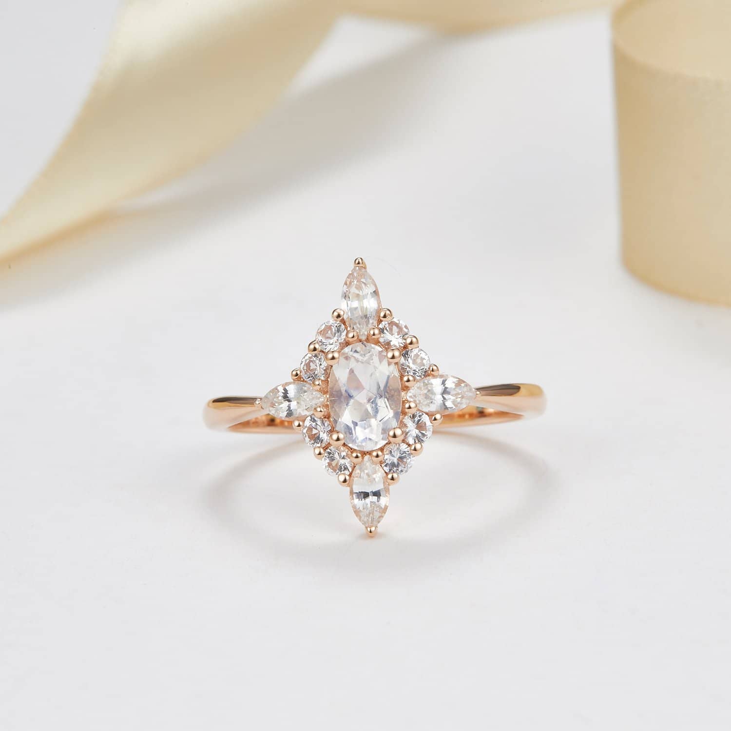 18k Solid Gold Moonstone and White Sapphire Cluster Engagement Ring - Melbourne, Australia