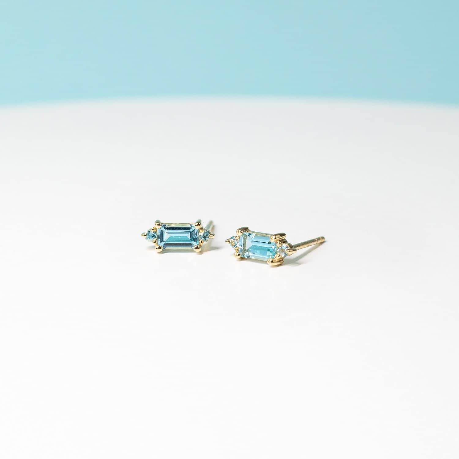 18k Solid Gold Baguette Cut Aqua Topaz Stud Earrings - Melbourne, Australia