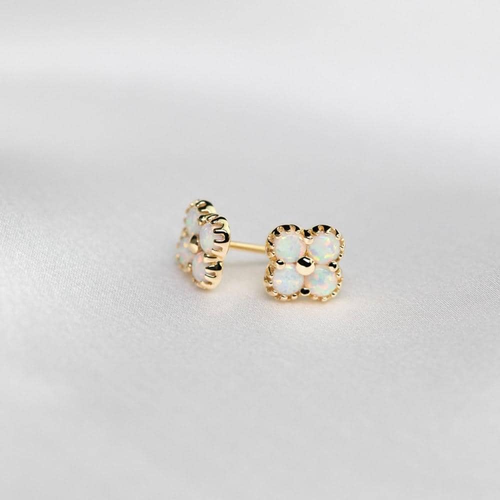 18k Solid Gold Australian White Opal Clover Stud Earrings - Melbourne, Australia