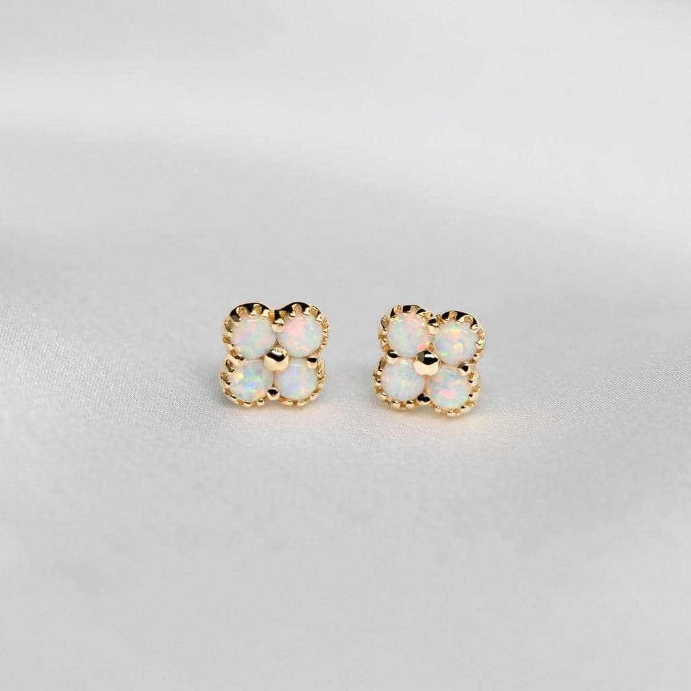 18k Solid Gold Australian White Opal Clover Stud Earrings - Melbourne, Australia