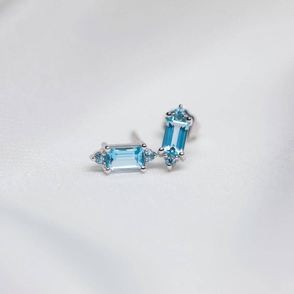 18k Solid Gold Baguette Cut Aqua Topaz Stud Earrings - Melbourne, Australia