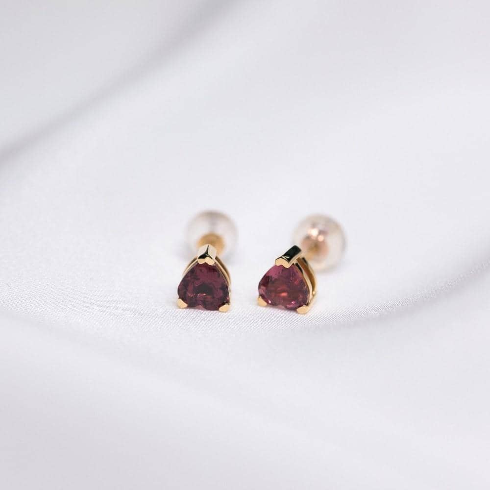 18k Solid Gold Red Tourmaline Heart Earring Studs - Melbourne, Australia