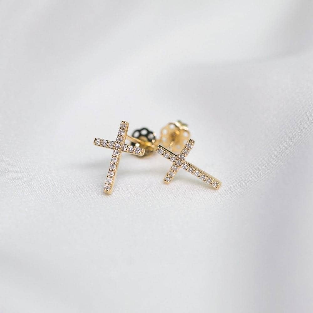 18K Solid Gold Cross Diamond Earrings - Melbourne, Australia