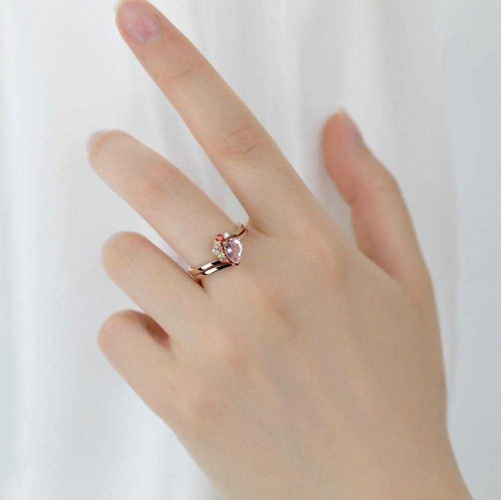 18k Solid Gold Asymmetric Pink Morganite Ring Set - Melbourne, Australia